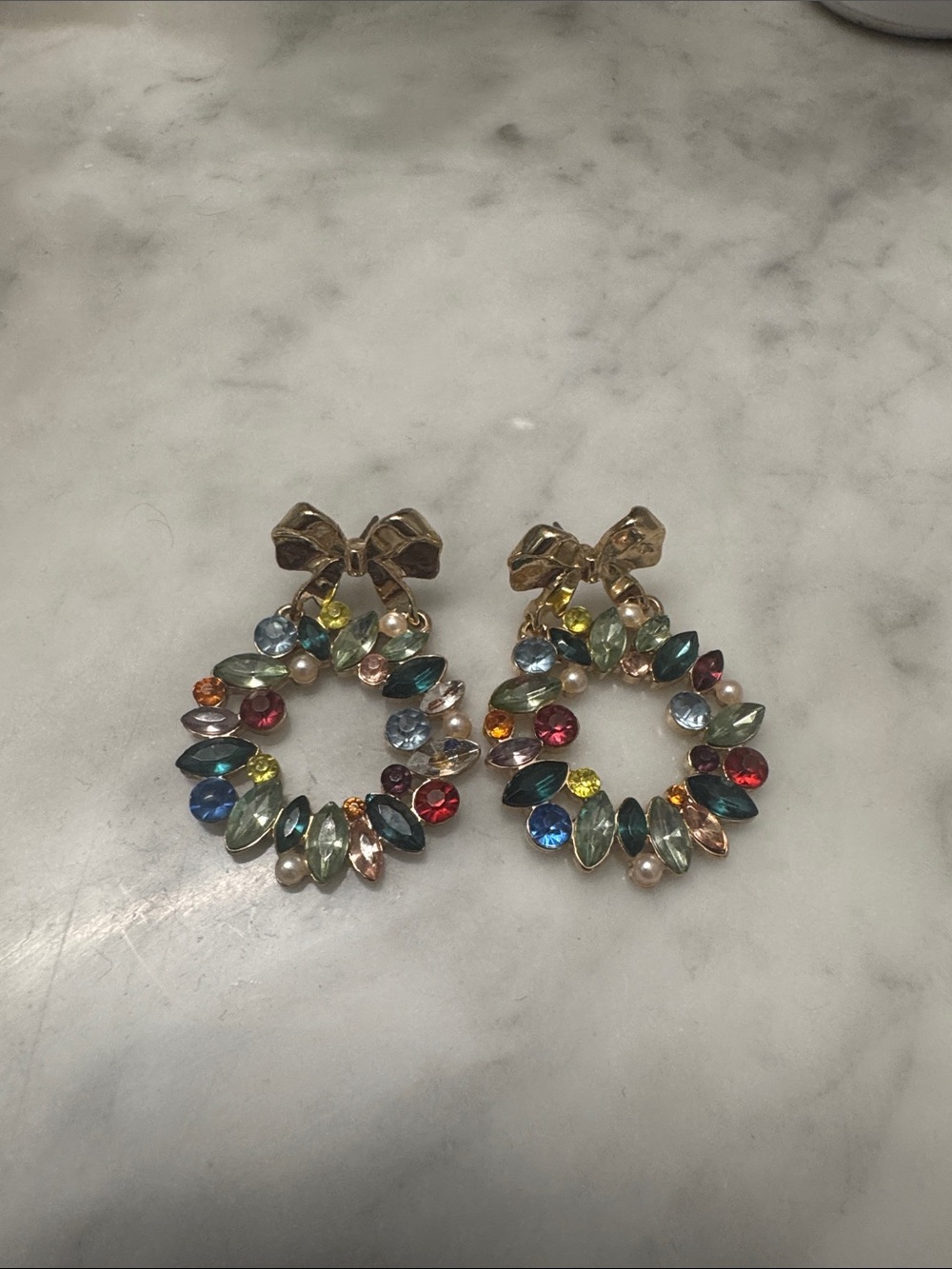 Multicolor Crystal Wreath Drop Earrings with Bow Accent - Women Jewelry